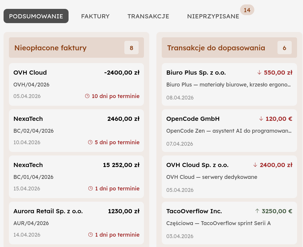 zrzut ekranu z Firmowida - nieopłacone faktury i transakcje do dopasowania