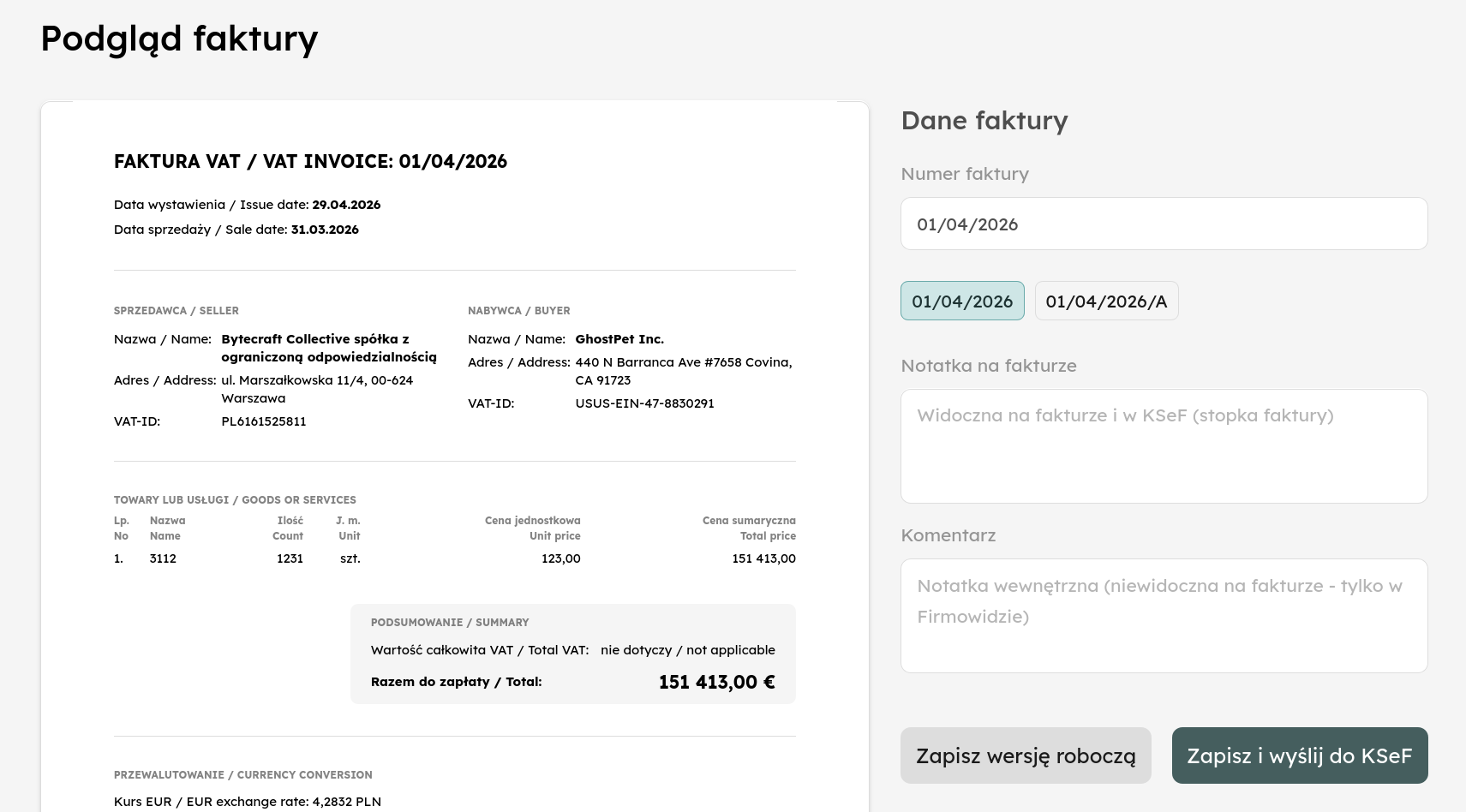 zrzut ekranu z Firmowida - podgląd i edycja faktury z wysyłką do KSeF