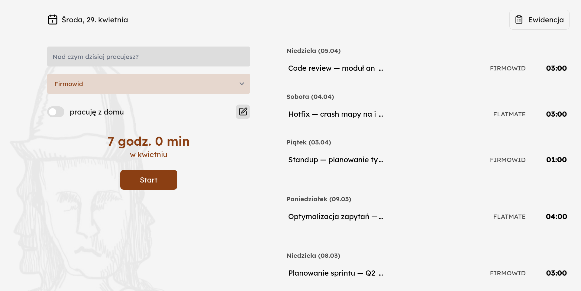 zrzut ekranu z Firmowida - ewidencja czasu pracy i lista ostatnich wpisów